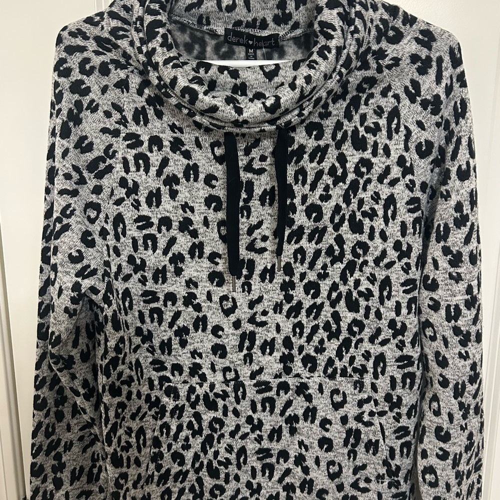 Derek Heart Black and Gray Animal Print Cowl Neck Sweater